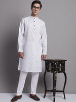 Men's White Printed Pure Cotton Kurta Payjama Set-JOKP-P-687White