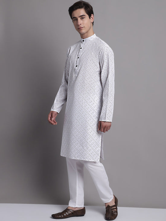 Men's White Printed Pure Cotton Kurta Payjama Set-JOKP-P-687White