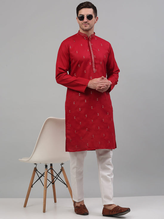 Men's Maroon Embroidered Straight Kurta Pyjama Set-JOKP-P-690Maroon