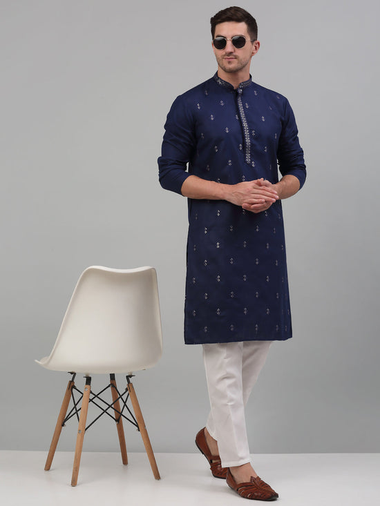 Men's Navy Blue Embroidered Straight Kurta Pyjama Set-JOKP-P-690Navy