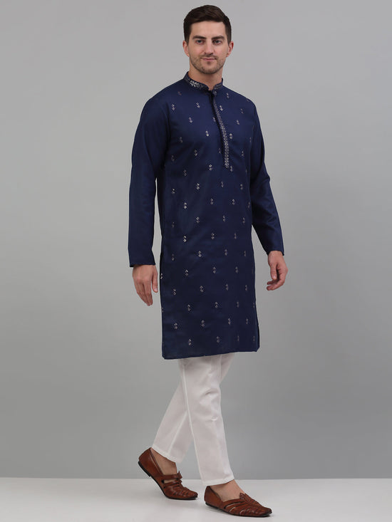 Men's Navy Blue Embroidered Straight Kurta Pyjama Set-JOKP-P-690Navy