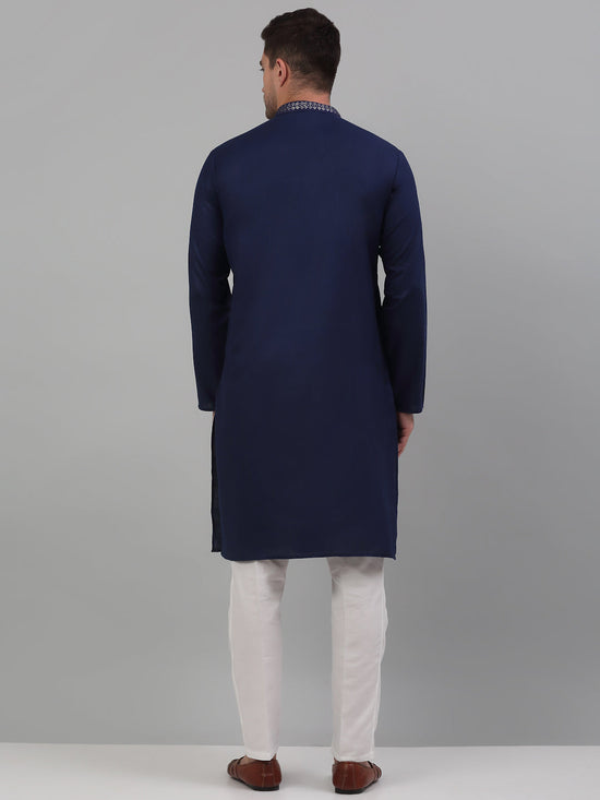 Men's Navy Blue Embroidered Straight Kurta Pyjama Set-JOKP-P-690Navy