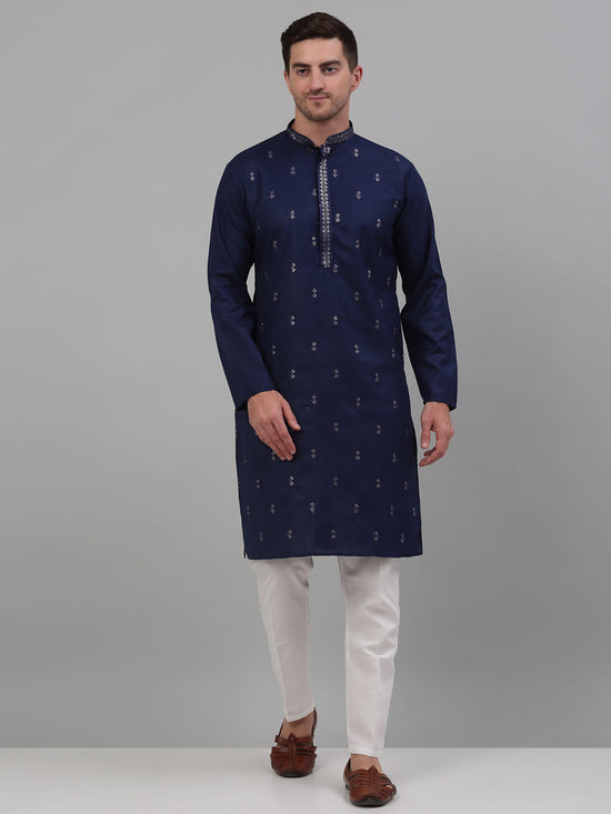 Men's Navy Blue Embroidered Straight Kurta Pyjama Set-JOKP-P-690Navy