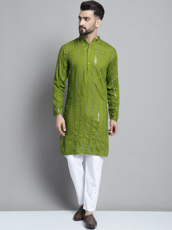 Men's Embroidered Mirror Work Kurta Payjama Sets-JOKP-P-694Olive