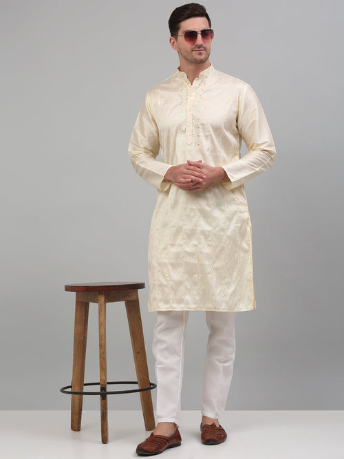 Men's Cream Embroidered Kurta with Pyjama.-JOKP-P-698Cream