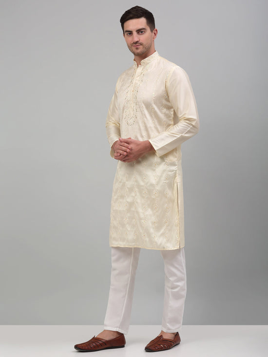 Men's Cream Embroidered Kurta with Pyjama.-JOKP-P-698Cream