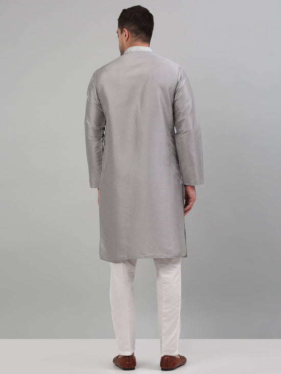 Men's Grey Embroidered Kurta with Pyjama.-JOKP-P-698Grey