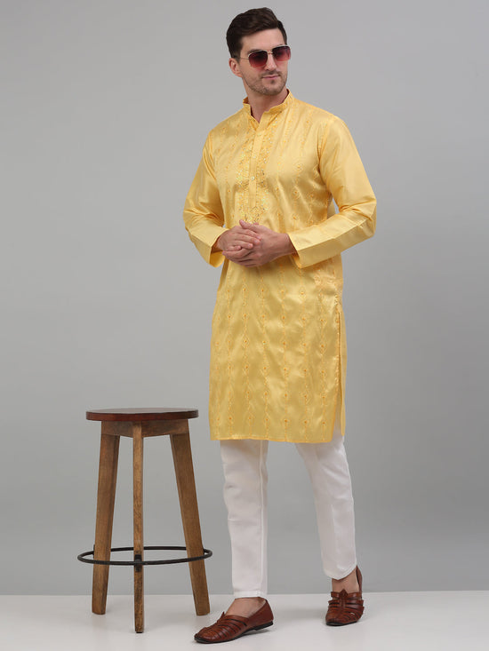 Men's Yellow Embroidered Kurta with Pyjama.-JOKP-P-698Yellow