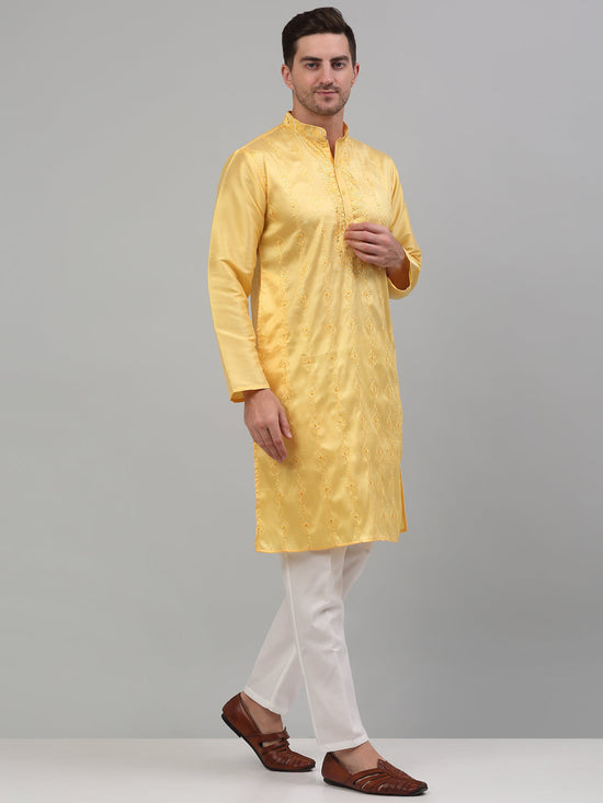 Men's Yellow Embroidered Kurta with Pyjama.-JOKP-P-698Yellow