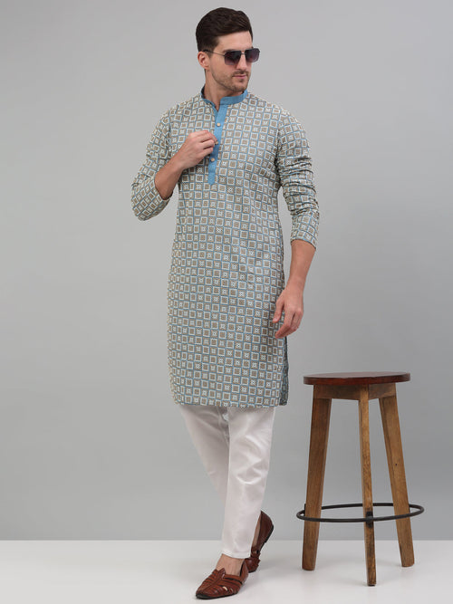 Men's Blue Embroidered Kurta with Pyjama.-JOKP-P-699Blue