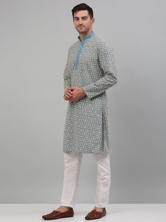 Men's Blue Embroidered Kurta with Pyjama.-JOKP-P-699Blue