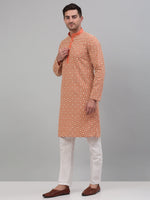 Men's Peach Embroidered Kurta with Pyjama.-JOKP-P-699Peach