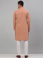 Men's Peach Embroidered Kurta with Pyjama.-JOKP-P-699Peach