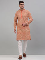 Men's Peach Embroidered Kurta with Pyjama.-JOKP-P-699Peach