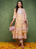 Ahika Women Yellow Pure Cotton Floral Embroidered Anarkali Kurta Trouser With Dupatta