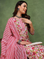 Ahika Women Pink Pure Cotton Floral Printed Straight Kurta Trouser With Dupatta