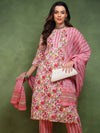 Ahika Women Pink Pure Cotton Floral Printed Straight Kurta Trouser With Dupatta
