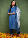 Ahika Women Blue Pure Cotton Ethnic Motifs Printed Straight Kurta Trouser With Dupatta