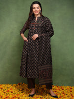 Ahika Women Brown Pure Cotton Ethnic Motifs Printed A-Line Kurta Trouser With Dupatta