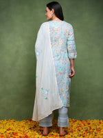 Ahika Women Blue Pure Cotton Floral Printed Straight Kurta Trouser With Dupatta