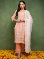 Ahika Women Peach Pure Cotton Floral Printed Straight Kurta Trouser With Dupatta