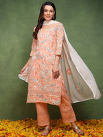 Ahika Women Peach Pure Cotton Floral Printed Straight Kurta Trouser With Dupatta