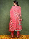 Ahika Women Pink Pure Cotton Floral Printed Anarkali Kurta Trouser With Dupatta