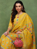 Ahika Women Yellow Pure Cotton Floral Printed Anarkali Kurta Trouser With Dupatta