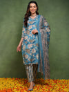 Ahika Women Blue Pure Cotton Floral Printed Straight Kurta Trouser With Dupatta