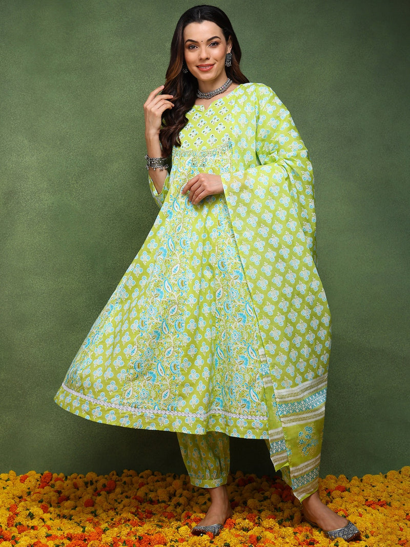 Ahika Women Green Pure Cotton Ethnic Motifs Embroidered Anarkali Kurta Salwar With Dupatta