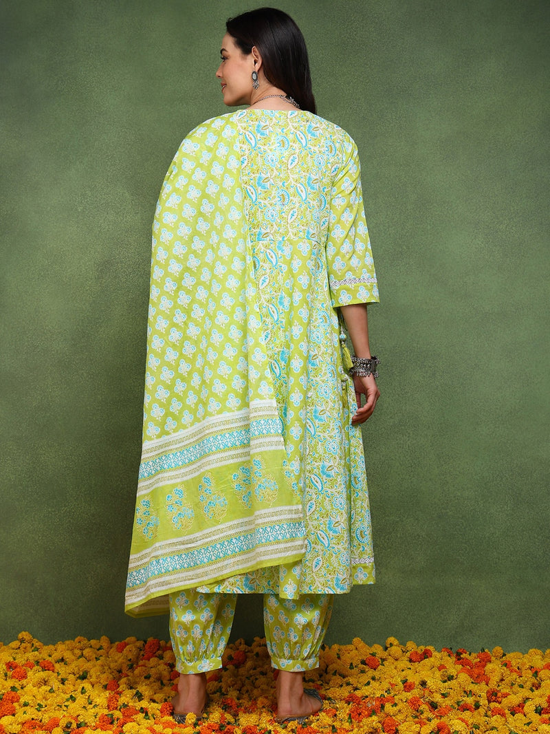 Ahika Women Green Pure Cotton Ethnic Motifs Embroidered Anarkali Kurta Salwar With Dupatta