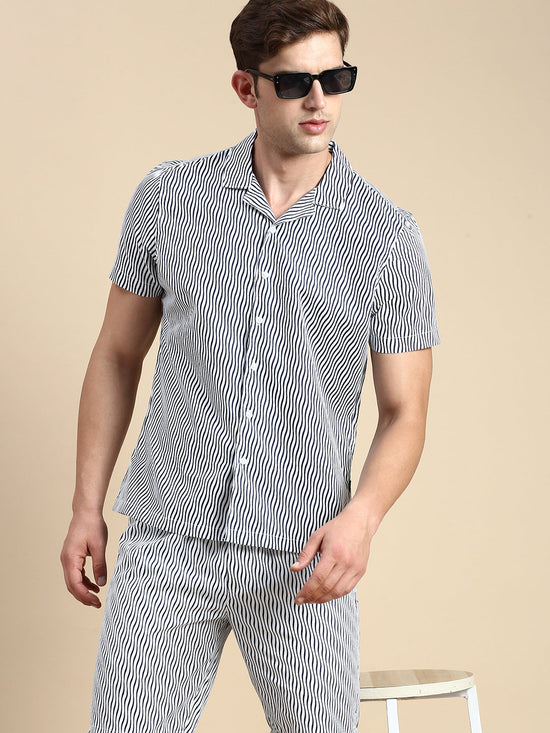 Men Cuban Collar Striped Off White Co-Ords Set-JakartaPrints-0595-Offwhite