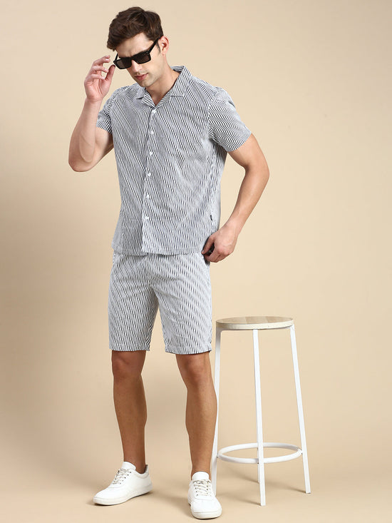 Men Cuban Collar Striped Off White Co-Ords Set-JakartaPrints-0595-Offwhite