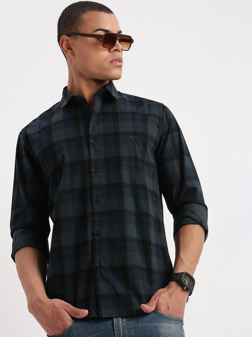 Men Tartan Checks Teal Shirt-Jessy-2554-Teal