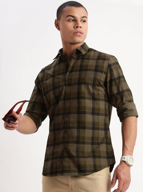 Men Tartan Checks Olive Shirt-Jessy-2555-Olive