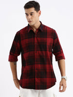 Men Spread Collar Checked Slim Fit Maroon Shirt-Jessy-2608-Maroon