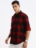 Men Spread Collar Checked Slim Fit Maroon Shirt-Jessy-2608-Maroon