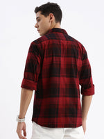 Men Spread Collar Checked Slim Fit Maroon Shirt-Jessy-2608-Maroon