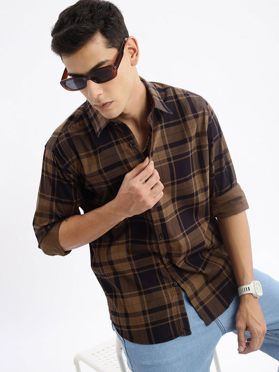 Men Spread Collar Checked Slim Fit Brown Shirt-Jessy-2609-Brown