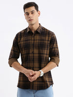 Men Spread Collar Checked Slim Fit Brown Shirt-Jessy-2609-Brown