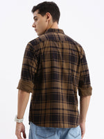 Men Spread Collar Checked Slim Fit Brown Shirt-Jessy-2609-Brown