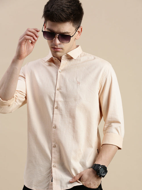 Men Spread Collar Solid Peach Shirt-Jetlagplain-5544-Peach