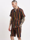 Men Vertical Stripes Cuban Collar Brown Co-Ords Set-John-2394-Brown