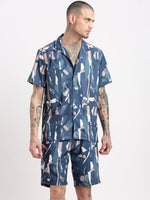 Men Abstract Cuban Collar Blue Co-Ords Set-John-2399-Blue