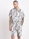 Men Abstract Cuban Collar Grey Co-Ords Set-John-2400-Grey