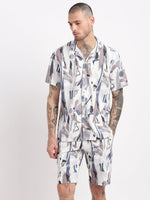 Men Abstract Cuban Collar Grey Co-Ords Set-John-2400-Grey