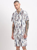 Men Abstract Cuban Collar Grey Co-Ords Set-John-2400-Grey