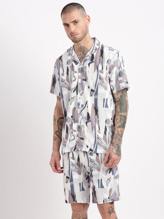 Men Abstract Cuban Collar Grey Co-Ords Set-John-2400-Grey