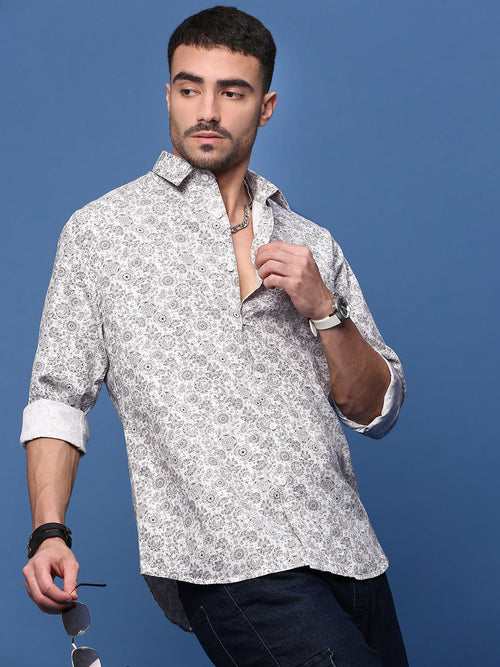 Men White Graphic Slim Fit Shirt-Joses-3286-White