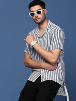 Men Cuban Collar Striped White Relaxed Fit Shirt-Jude-2882-White